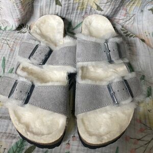 Birkenstock Gray Suede Shearling Sandals